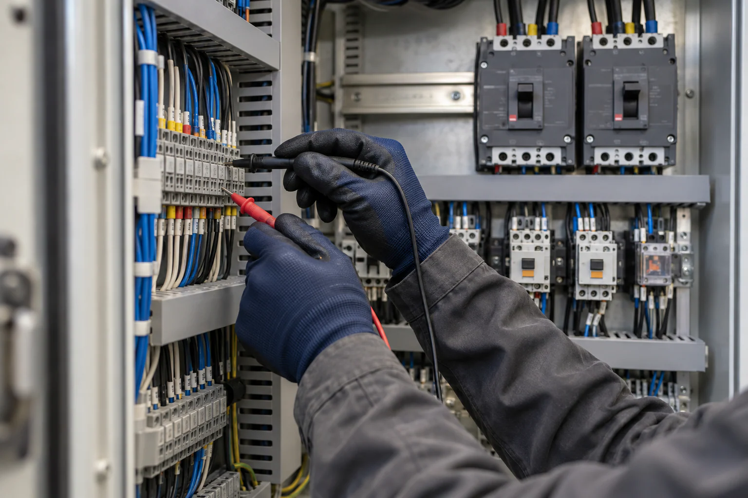 Medición eléctrica con puntas de prueba en tablero industrial